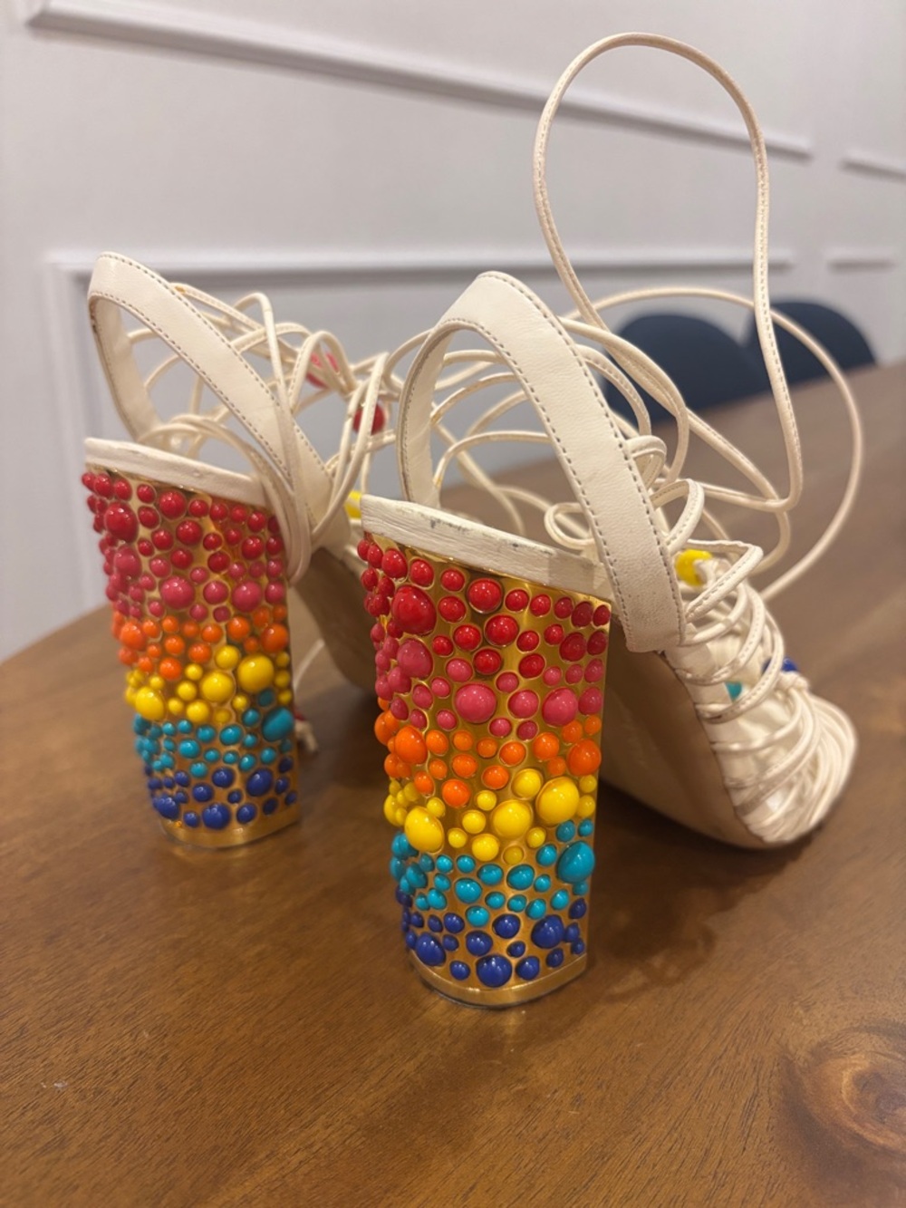 Salvatore Ferragamo Cream Lace-Up Beaded Heels - Picture 3 of 4
